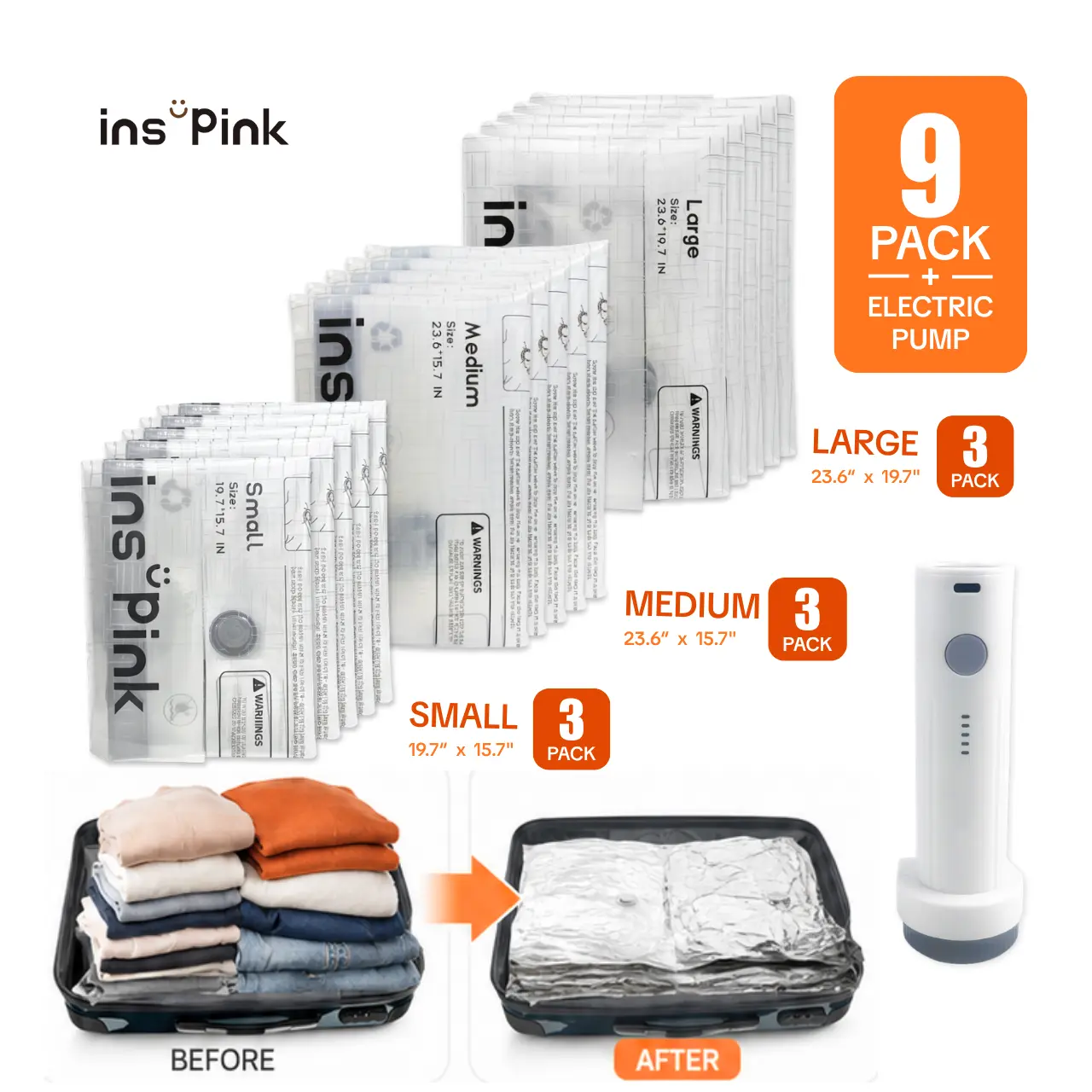 Inspink 9-Pack Multi-Size Cordless Vacuum Seal Bags Set with 25W USB Rechargeable Handheld Pump, Home Storage Space Saver for Clothes, Ideal for Carry-On Suitcases, Travel Essentials, Reusable Vacuum Seal Storage Bags,DealsForYouDays, SummerWins