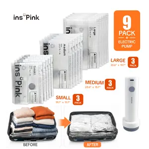 Inspink 9-Pack Multi-Size Cordless Vacuum Seal Bags Set with 25W USB Rechargeable Handheld Pump, Home Storage Space Saver for Clothes, Ideal for Carry-On Suitcases, Travel Essential, Vacuum Seal Bag summervibes