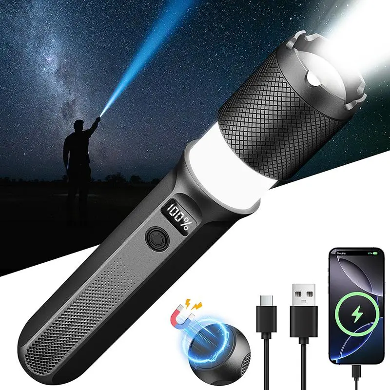 Handheld Rechargeable Adjustable LED EDC Flashlight - 3000LM High Lumens Zoomable Torch, Digital Display, Magnetic Base, Output Port, 7 Modes High Performance Multifunctional Device, Adjustable Led Flashlight