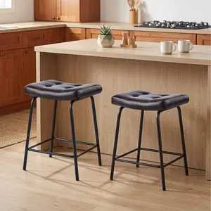 25.5" H Backless Counter Height Bar Stools Set of 2, Modern Counter Stools Set of 2, Black Metal Frames, PU Leather Upholstered Accent Barstools for Kitchen Island & Home Bar