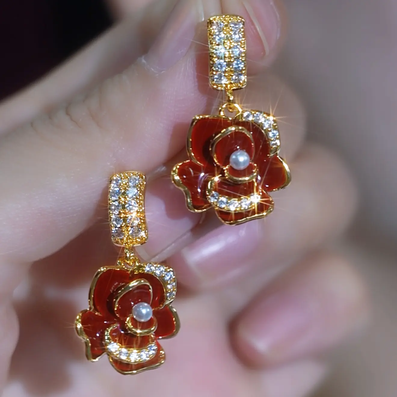 Women's Retro French Style Crystal Embellished Camellia Rose Floral Stud Earrings, Elegant Costume Jewelry DZEH4835, Crystal Embellished Earrings, Floral Earrings