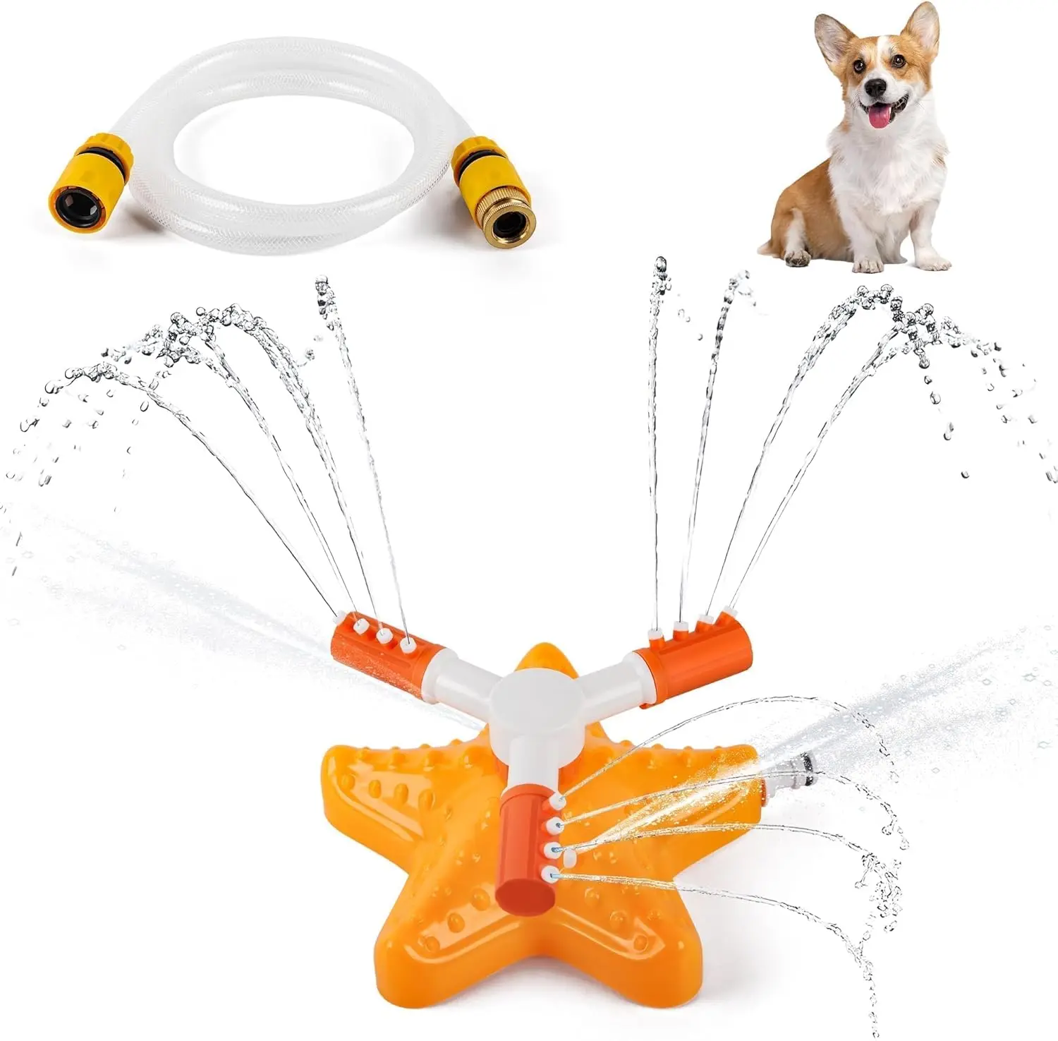 All for Paws Outdoor Dog Water Fountain Sprinkler - 360° Rotating Design, 1/2"-&3/4" Hose Connectors, Adjustable Spray, Easy Setup for Garden, Backyard, Lawn Outdoor Play, Faucet-Attached Grooming Bath Accessory