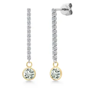Gem Stone King 14K Two Tone Gold Gemstone Birthstone and White Lab Grown Diamond Long Liner Dangle Earrings for Women | Round 6MM and 1.5MM Accents | Gold Chain Drop Earrings