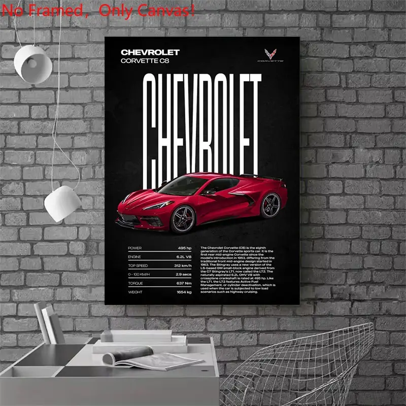 1 Piece/Set frameless canvas painting print poster, Creative Design Print, Luxury sports car art, Chevrolet Corvette C8 Performance Specs, a perfect gift for cars loves, ideal gift for bedroom, living room, wall decoration