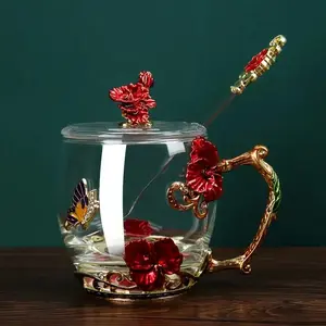 1Count Elegant Violet Enamel Crystal Tea Cup with Golden Handle Heat-Resistant Glass Coffee Mug Featuring Butterfly Floral Design Includes Spoon Embellishments Perfect for Juice Milk Breakfast at Home or Office - Ideal Christmas Thanksgiving Drinkware