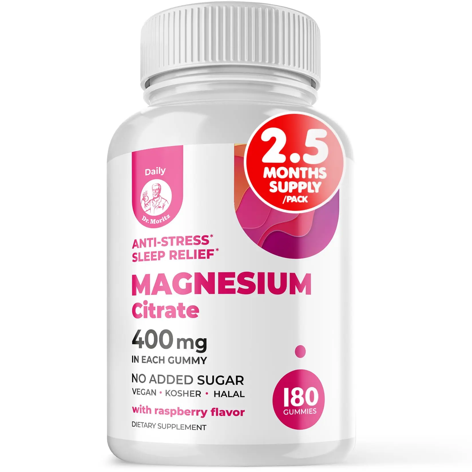 DR. MORITZ Magnesium Gummies for Adults 400 mg Sugar-Free Raspberry Flavor 180 Count Vegan & Halal Anti-Stress Sleep Relief 2.5 Months Supply