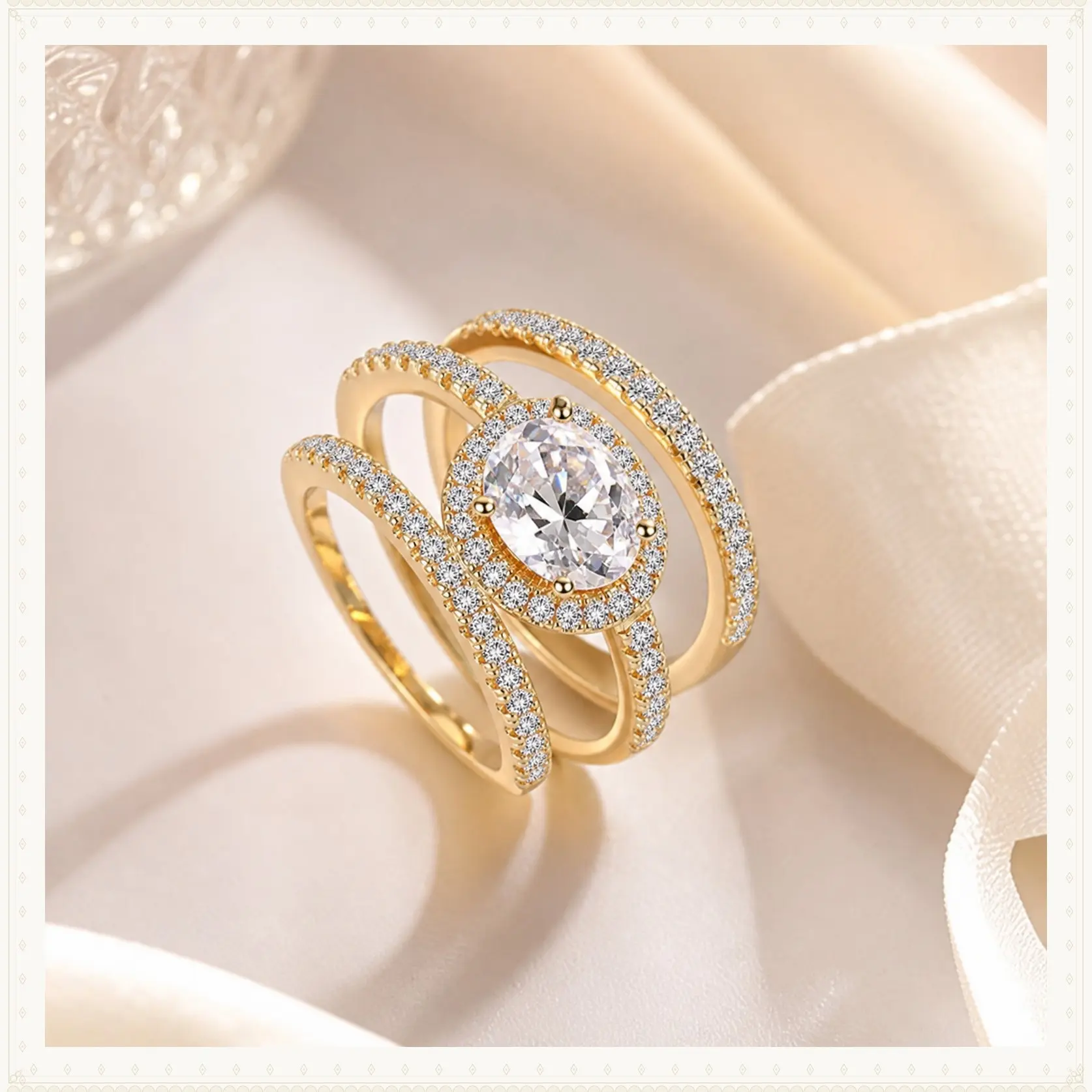 GEMSME 1.5CT Three in One Round/Oval/Eye/Teardrop Halo Wedding Bands Set Engagement Rings Cubic Zirconia Promise Eternity Band for Women Size 5-10 R-1013