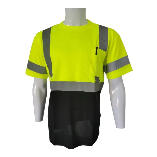 Men's Yellow-Black Short-Sleeve Multicolor Striped Safety Light Workwear Uniform Top - Durable Vibrant Fabric, Reflective Strips, Visibility Boost Construction Clothes Safetyequipment