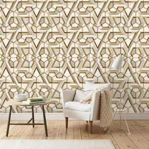 A roll of waterproof self-adhesive Decorative Wallpaper with a beige background and gold border pattern, imitating the shape of grid lines, can be used for wall decoration in living rooms, bedrooms, bathrooms, kitchens
