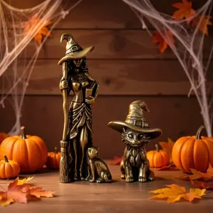 2 Piece Vintage Copper Statue Decor, Witch and Wizard Cat Figurines, Magic Cat Succubus Desktop Decoration, Ideal Gift for Halloween