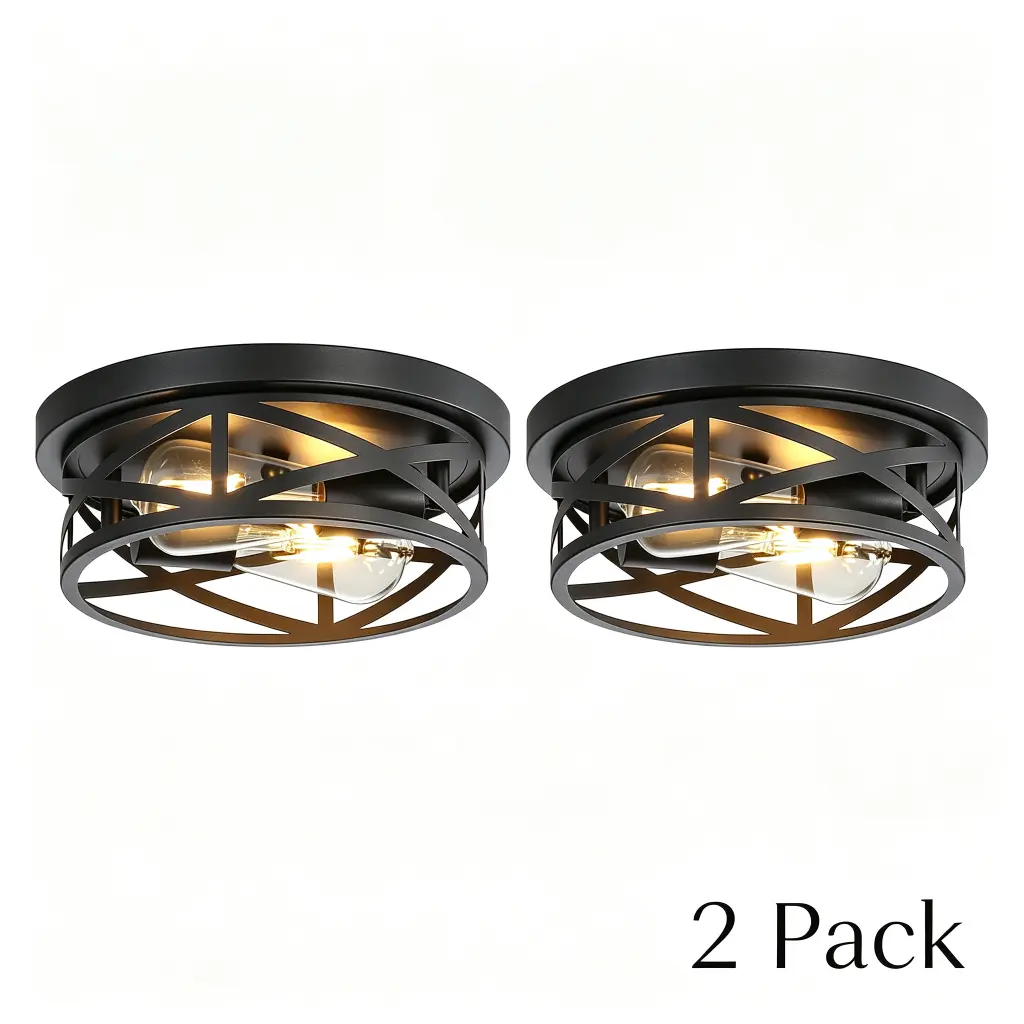 Black Industrial 2-Light Farmhouse Flush Mount Ceiling Fixture with Metal Cage, 60W Power, E26 Edison Bulb Compatible, Metallic Accents for Hallway, Kitchen, Bedroom, Metallic Accents Ceiling Lighting