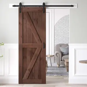30 x 84 Inch K Shape Sliding Barn Wood Door Slab with 5ft Hardware Kit and Handle, Coffee, Simple DIY Assembly