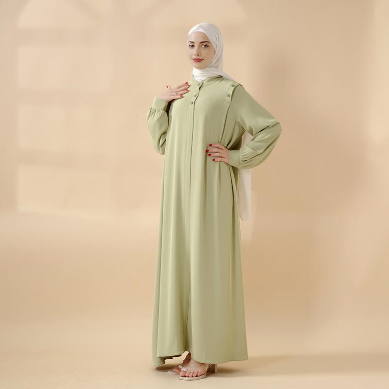 Women's Soft Polyester Formal Chic Pastel Abaya MA083 - Comfy Wear, Adjustable Neckline, Soft Drape, Shoulder Button Details, Casual Pullover, Elegant Modest Islamic Clothing, Muslim Outfits, Full-Length