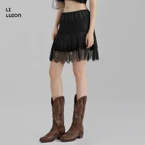 Women Lace Skirt Ruffle Mini Skirt Half Slip Layered Pleated Flowy Skirt