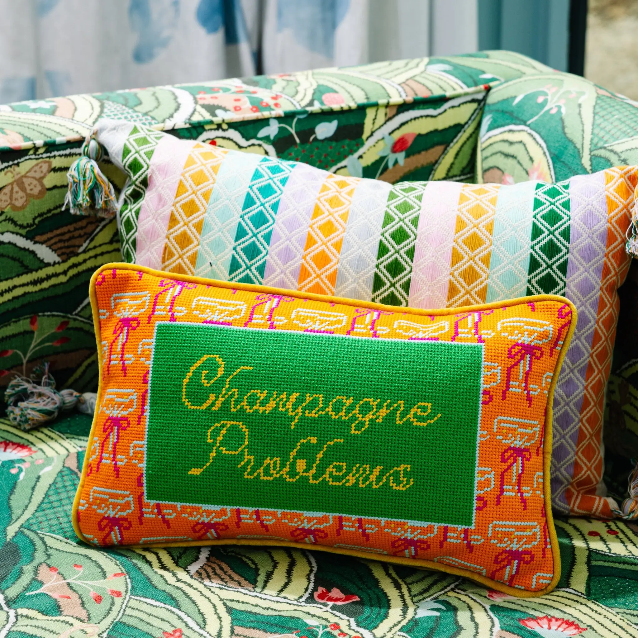 Embroidered Needlepoint Pillow - Champagne Problems Playful Quote, Velvet Fabric, Vibrant Print, Uniquely-Sayings Small Size Decorative Accent for Celebrators, Stylish Room Decor