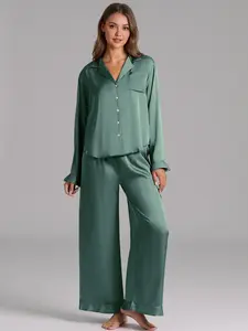 Azazie Ruffled Satin Long Sleeve Set Feminine Ruffle Cozy Chic Lounge Sleep Gift Satin Pajama Set