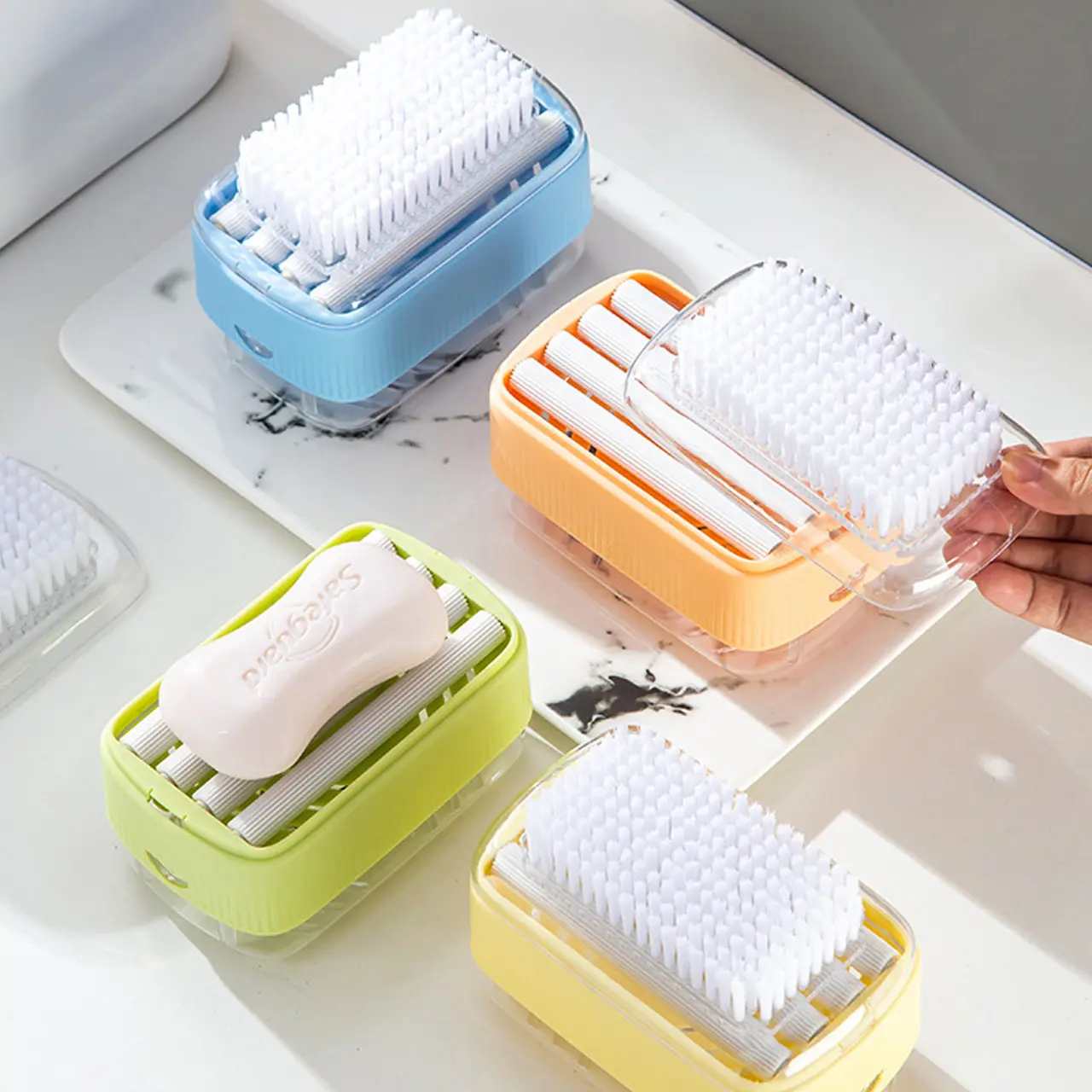 Multifunctional Soap Foaming Box, Hand-Free Storage Soap Holder, Drainage Soap Dish with Rolling Brush, Laundry Brush Included