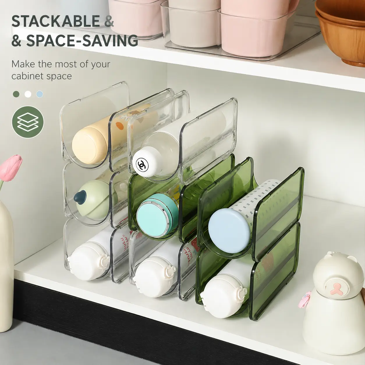 1 Piece Stackable Transparent PET Water Bottle Organizer, for Home Kitchen Cabinet Countertop Cup and Tumbler Storage