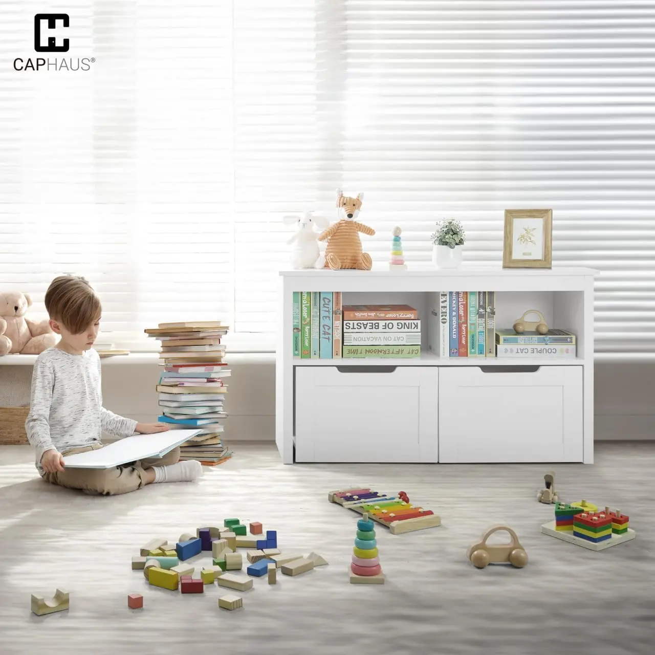 CAPHAUS Toy Storage Organizer with 2 Wheeled Drawers, Playroom Organization and Storage, Floor Toy Box with Wheels and Shelf, for Kids, Boys and Girls, Nursery, Playroom and Bedroom