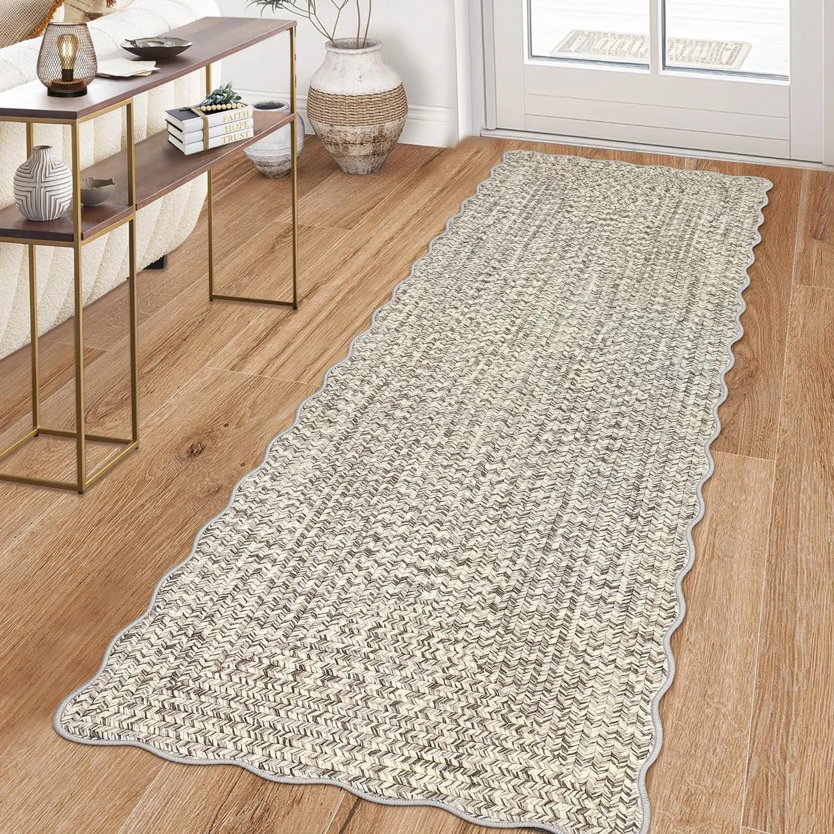 GARVEE 2’x6’ Imitation Braided Print Runner Rug - Scalloped Edge, Non-Slip, Washable, Stain-Resistant, Soft Indoor Hallway Runner Rug for Kitchen Entryway Bath