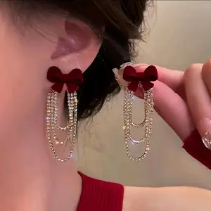 Women's Elegant Bow Dangle Earrings with Sparkling Chains and Red Velvet Bow Design