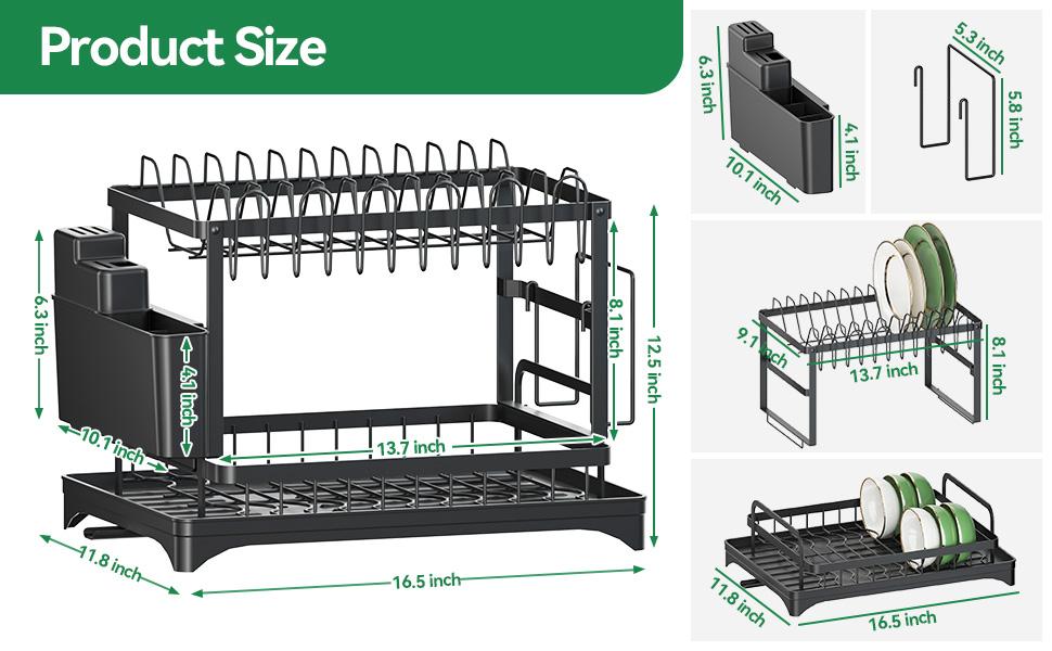 Bepatio 2-Tier Carbon Steel Dish Drying Rack with Drain Tray Stable Anti-Slip Kitchen Counter Organizer for Plates Bowls
