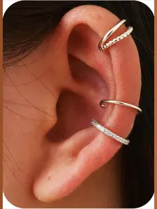 3 Pieces Ear Cuff Earrings for Women Silver Color Adjustable Clip on Earrings, Ear Studs, Stylish Fake Piercings Cartilage Helix Wrap Set