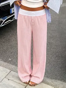 TikTok Viral Pink Striped Wide Leg Pants, Casual Chic Trousers - Low Rise Elastic Waistband, Button Front & Bow Accent, Casual Lounge & Streetwear, Flowy Straight Leg Trousers for Women, Comfy Soft Fabric, Y2K Loose Fit, Perfect for Daily