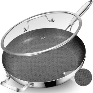 14.5-Inch Hybrid Ceramic Nonstick Tri-Ply Stainless Steel Frying Pan with Lid, Large Skillet,Induction Chef's Cooking Pan,Dishwasher and Oven Safe