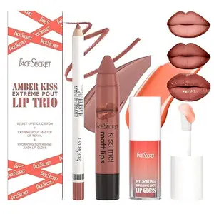 Extreme Pout Lip Trio Set, Hydrating Lip Gloss + Matte Lipstick + Smooth Lip Liner 3PCS Lip Makeup Kit, Long Lasting High Pigmented, For Daily Makeup & Gift