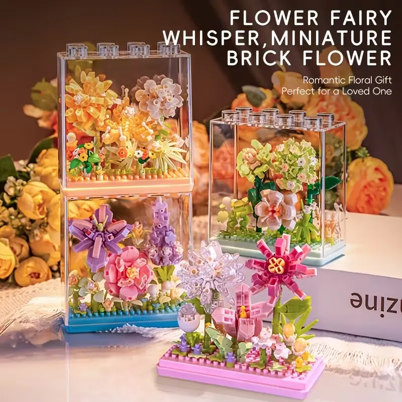 Flower Bouquet Building Block Kit, Mini Potted Floral Micro Bricks with Transparent Display Box, Backyard Camping Family Assembly Competitive Game Toy, DIY Educational Puzzle Brick Set for Sports Day Match Party Supplies