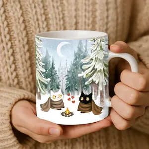Winter Cats Mug | White & Black Cat Campfire Cup | Cozy Campfire Cat Mug | Cozy Christmas Mug | Gift for Cat Lovers