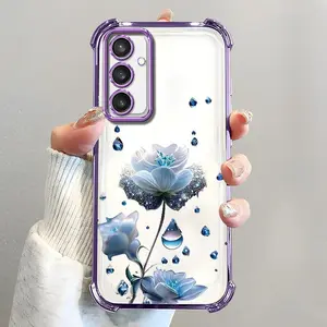 For [Galaxy S23 Fe] luxury women's phone case, electroplated four-corner shockproof protection, crystal clear blue flower with water drop design, sophisticated and eye-catching666