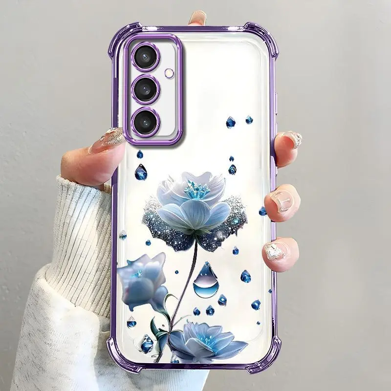 For [Galaxy S23 Fe] luxury women's phone case, electroplated four-corner shockproof protection, crystal clear blue flower with water drop design, sophisticated and eye-catching666