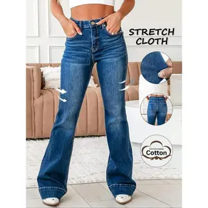 Women's Casual Fitted Flare Denim Long Pants, Summer Washable Stylish Jean Trousers for Comfortable Everyday Wear, Non Sensitive Good