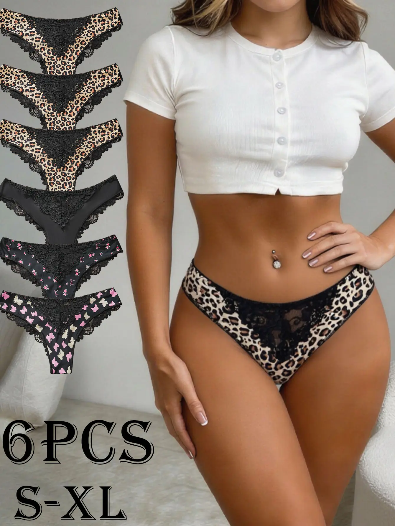 Women's 6-Pack Buttery Soft Lacy Contrast Lace Floral Print Briefs - Leopard, Butterfly Prints, Skin-Friendly Breathable Retro Wedding Panties, Panty with Good Fit, Daily Intimate Wear, Ideal Birthday Gift, Comfortable, Feminine Briefs, Floral Lace Briefs