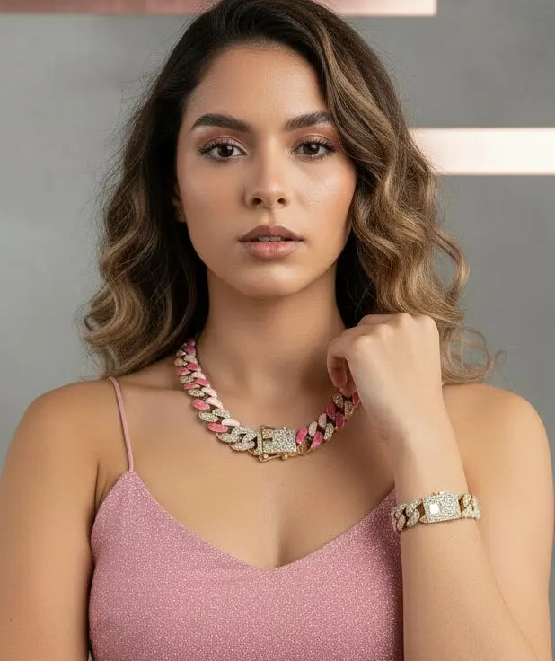 Cuban Style Multi Tone Yellow Gold/Two Tone Pink Necklace and Bracelet, 13MM (1/2 inch) Bling Iced Out