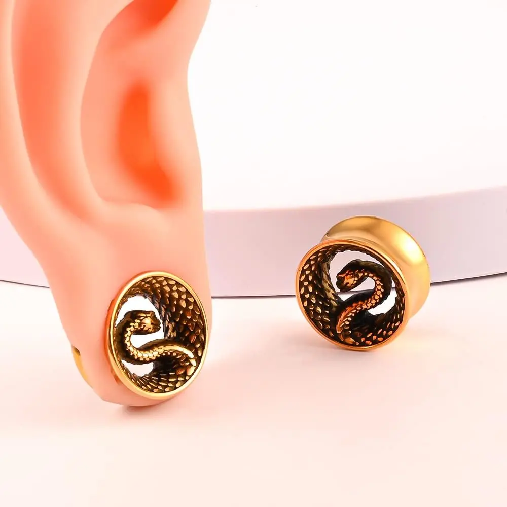 Snake Motif Ear Gauges, Pair of 316L Stainless Steel Plugs Tunnels, Hypoallergenic Healthy Choice Body Jewelry, Multi-Size Gift Ideas, Body Piercing, 1 Inch(25Mm), 00G(10Mm), Tunnel Plug, 1/2"(12Mm)