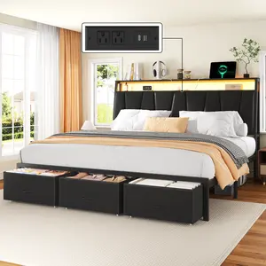 [DealsForYouDays] TryLazy Bed Frame with LED Light and 2 Storage Drawers, Metal Platform Bed with Storage Headboard, Velvet Upholstered, Heavy-Duty Slats, No Box Spring Needed, Easy Assembly
