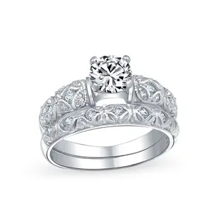 Vintage Style 1CT Round CZ Cubic Zirconia Solitaire Engagement Ring Set Filigree Band Sterling Silver