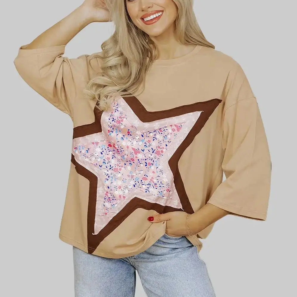 Women's Casual Cotton Tops with Drop Shoulders, Loose-Fit 3/4 Sleeve Round Neck featuring a Floral Star Graphic and Flower Patches, Tee, Tshirt, Lady, Ditsy Floral, Elastane, Casual Wear, Cotton Blend, Graphic Print, Baggy, Loose-Fitting