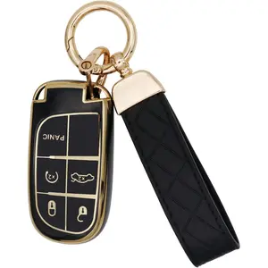 for Key Fob Cover For Jeep With Leather Keychain, Soft TPU Full Cover Protection Key Case For Grand Cherokee,Renegade,Dodge Durango,Challenger,Journey Smart Key
