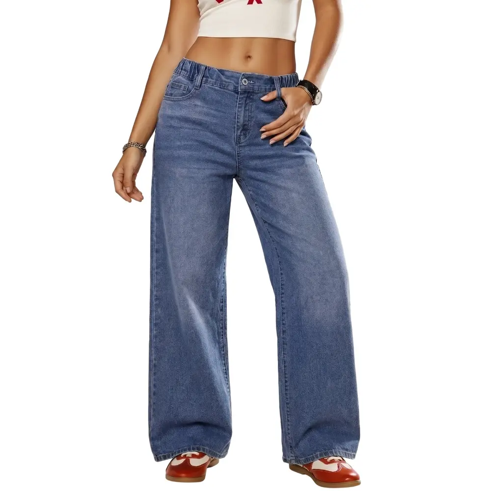 Dokotoo Women's High Wais Denim Print French Terry Casual Sweatpants Jeans with Pockets Straight Leg