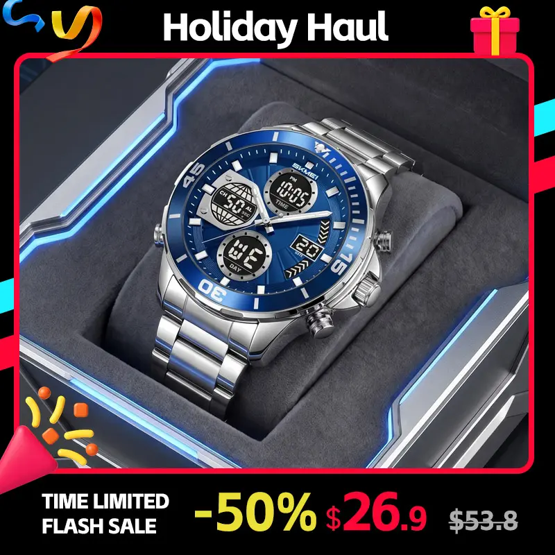 SKMEI Stylish Men's Alloy Wrist Watch - 48.8mm Large Round Face Analog-Digital Timepiece with Stainless Steel Band, Dual Time Zone, Stopwatch, Alarm, EL Backlit, Calendar, 3ATM Splash Resistance for Sport, Business