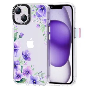 GuardCrew Wildflower Phone Case for iPhone 13 and for iPhone 14 Case,Clear Shockproof TPU Bumper Slim Floral Phone Cover for iPhone 14 and iPhone 13-Violet