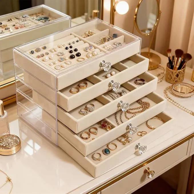 5-Layer Dustproof Jewelry Organizer with Transparent Lid, Foldable Multi-Compartment Box for Earrings, Necklaces, and Bracelets for Women’s Home Vanity