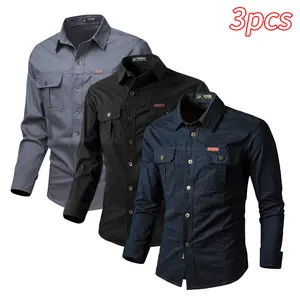 3pcs Men's Shirts with Top Lapel, Long Sleeve Button-Up Casual Shirts for Men's Daily Wear, Vacation, and Street Style. Four-Season Fashion, Comfortable Fit, 3-Color Set, Button- Collar, Chest Pocket