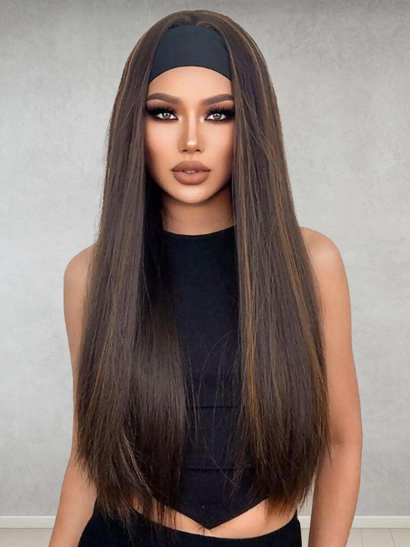 24 Inch Stylish All-match Mixed Color Long Straight Wigs for Women, Gorgeous Fluffy Wigs with Headband Decor, Synthetic Hair Wigs, Artificial Wig, Machine Made Wigs, Synthetic Full Machine Wigs for Party, Daily Use