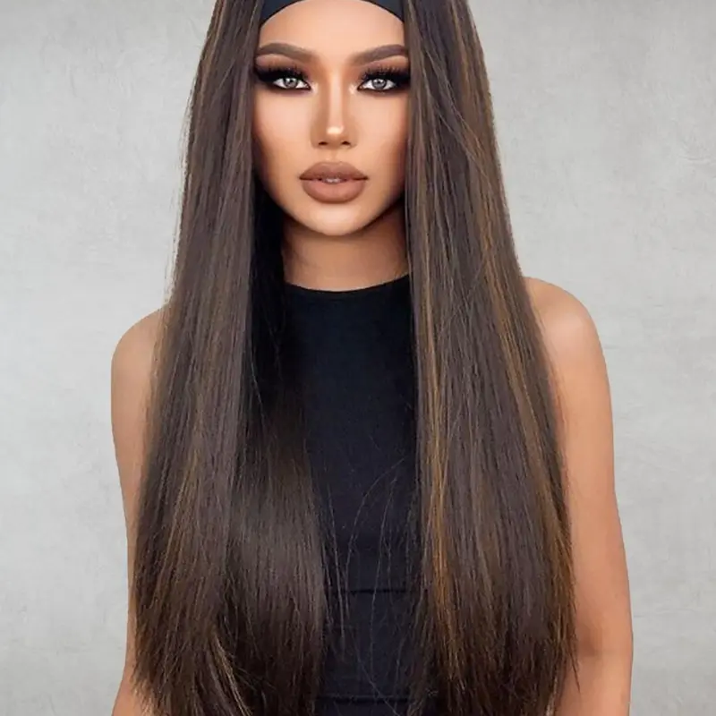 24 Inch Stylish All-match Mixed Color Long Straight Wigs for Women, Gorgeous Fluffy Wigs with Headband Decor, Synthetic Hair Wigs, Machine Made Wigs, Synthetic Full Machine Wigs for Party, Daily Use, Versatile Stylish Wig