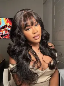 180 Density Glueless Wig Body Wave Wig Put On & Go Wig Human Hair Wig With Bangs Full Machine Wig With Bangs None Lace Glueless Wigs For Women